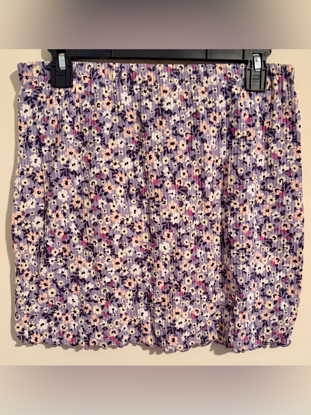 Women/Juniors XL Floral Bodycon Stretchy Mini Skirt w Lettuce Trim Elastic Waist
